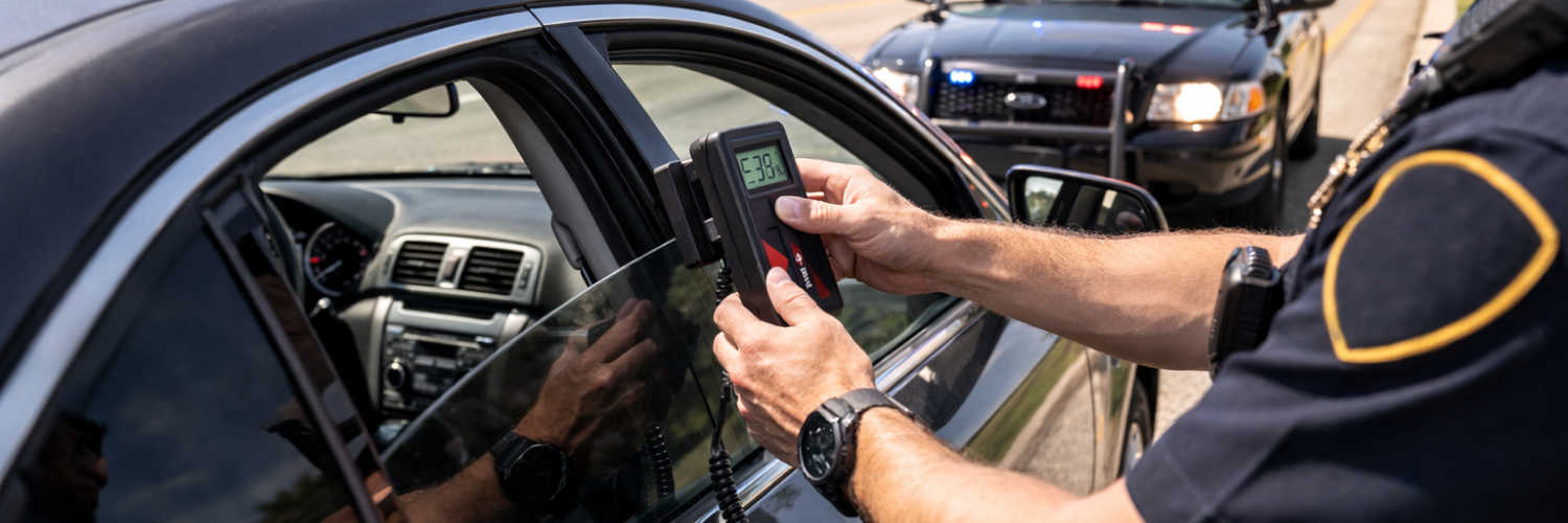 police officer measuring window tint darkness with a tint meter during a traffic stop.
