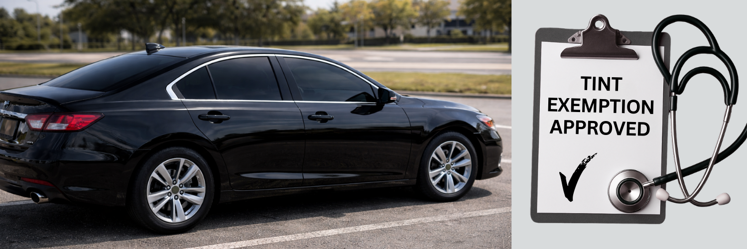 A black sedan with dark tinted windows and text of "Window Tint Exemption" overlayed on the photo.