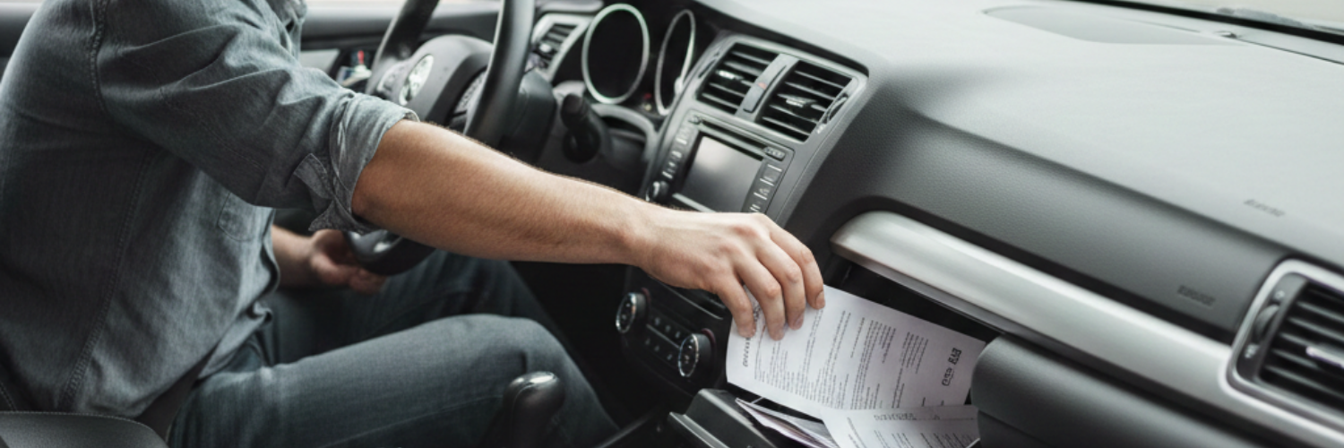 Vehicle driver reaching into glove box to retrieve window tint exemption paperwork during a window tint related traffic stop.